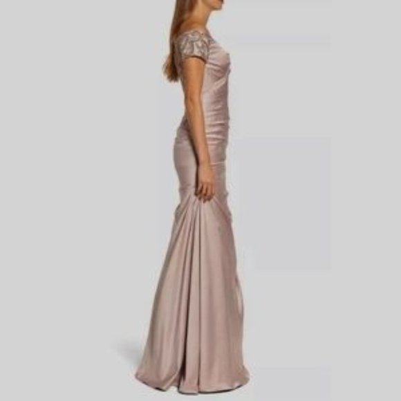 La Femme Champagne Off Shoulder Beaded Satin Trumpet Gown - Size 16 - Picture 5 of 7